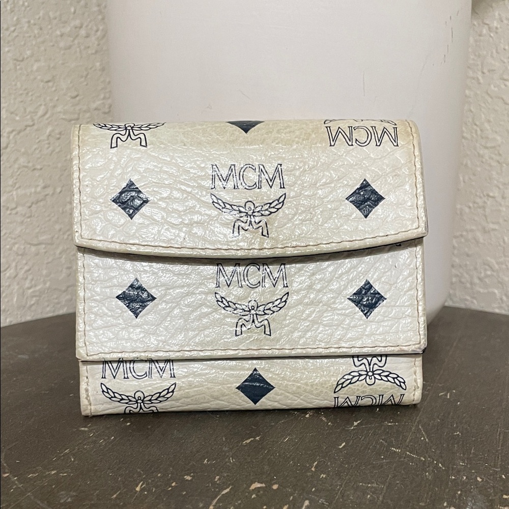 . MCM Cream and Black Logo Tri-Fold Wallet